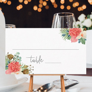 Pink Boho Wildflower Watercolor Bouquet Wedding Place Card