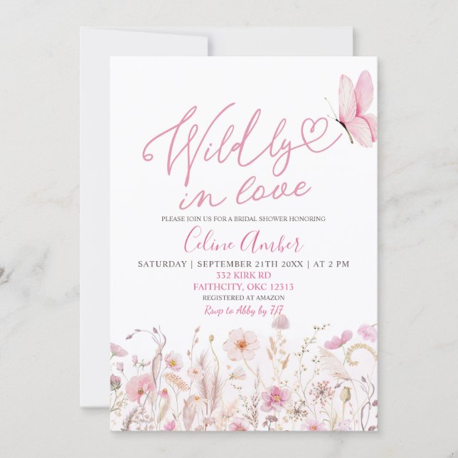 Pink Boho Wildflower Wildly in Love Bridal Shower Invitation (Front)