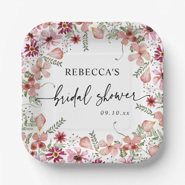 Pink Boho Wildflowers Bridal Shower Paper Plates  (Front)