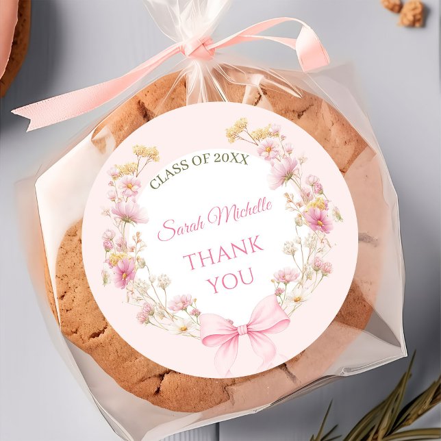 Pink Boho Wildflowers Graduation Party Classic Round Sticker (Creator Uploaded)