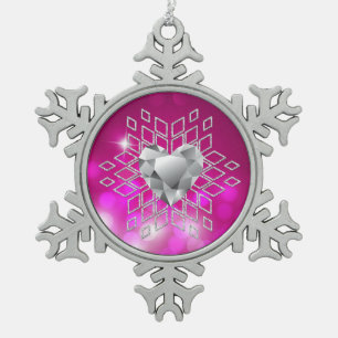 Pink Bokeh Diamond Snowflake & Heart Pewter Christmas Ornament