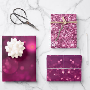 Pink Bokeh Glitter Stars Wrapping Paper Sheet