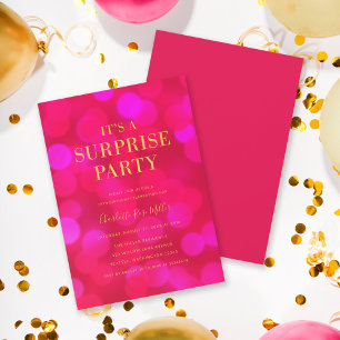 Pink Bokeh Gold It's a Surprise Party Birthday Invitation
