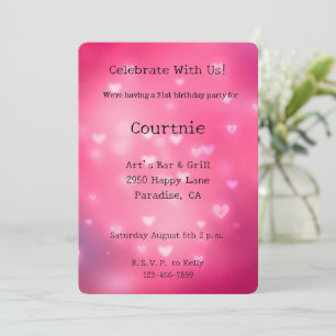 Pink Bokeh Hearts Birthday Invitation