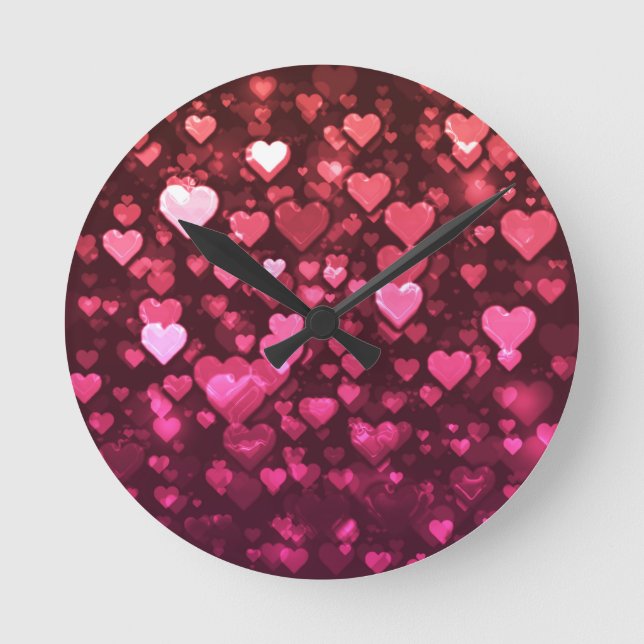 Pink Bokeh Hearts Digital Background Wallpaper Round Clock (Front)