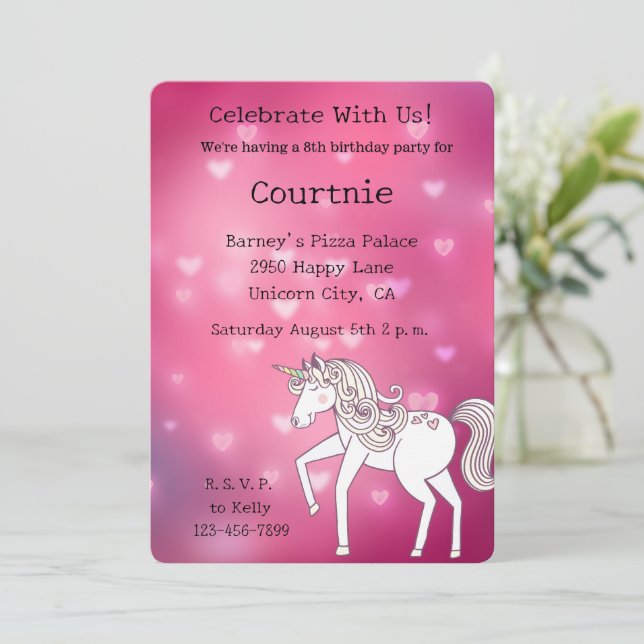 Pink Bokeh Hearts Unicorn Birthday Invitation (Standing Front)