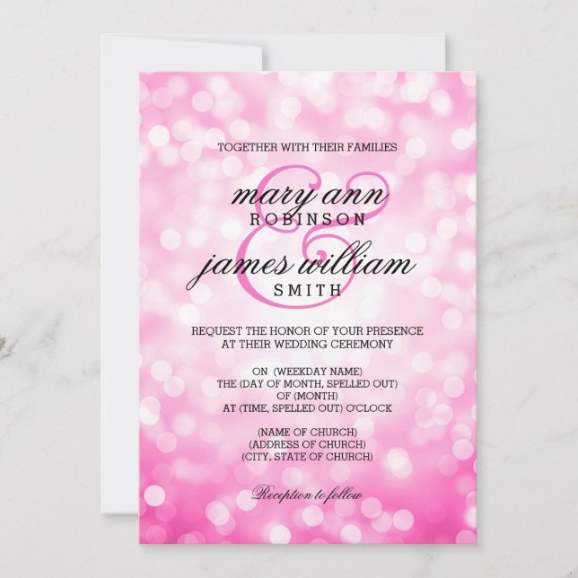 Pink Bokeh Lights Elegant Wedding Invitation (Front)