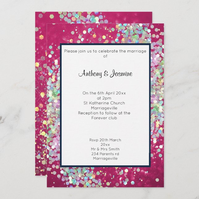PINK BOKEH NAVY TRIM HOLOGRAPHIC PASTEL WEDDING   INVITATION (Front/Back)