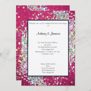 PINK BOKEH NAVY TRIM HOLOGRAPHIC PASTEL WEDDING   INVITATION