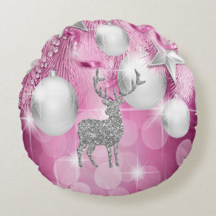 Pink Bokeh Ornament Balls Silver Reindeer Round Cushion