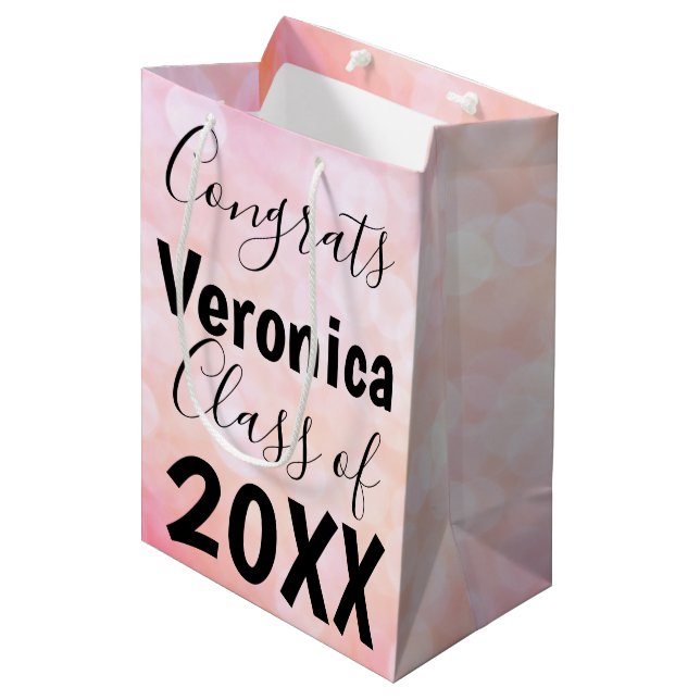 Pink Bokeh Personalised Graduation Gift Bag (Front Angled)