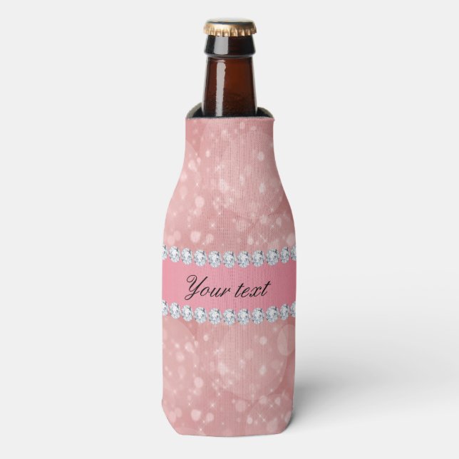 Pink Bokeh Sparkles and Diamonds Personalised Bottle Cooler (Bottle Front)