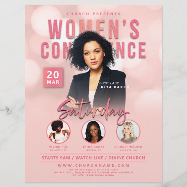 Pink Bokeh Women's Church Conference Service Flyer (Front)