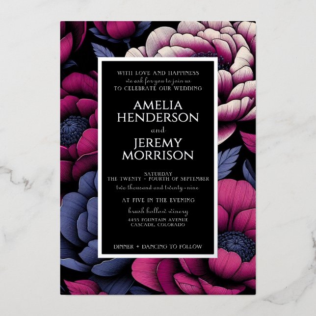 Pink Bold Floral with Details Foil Invitation (Front)