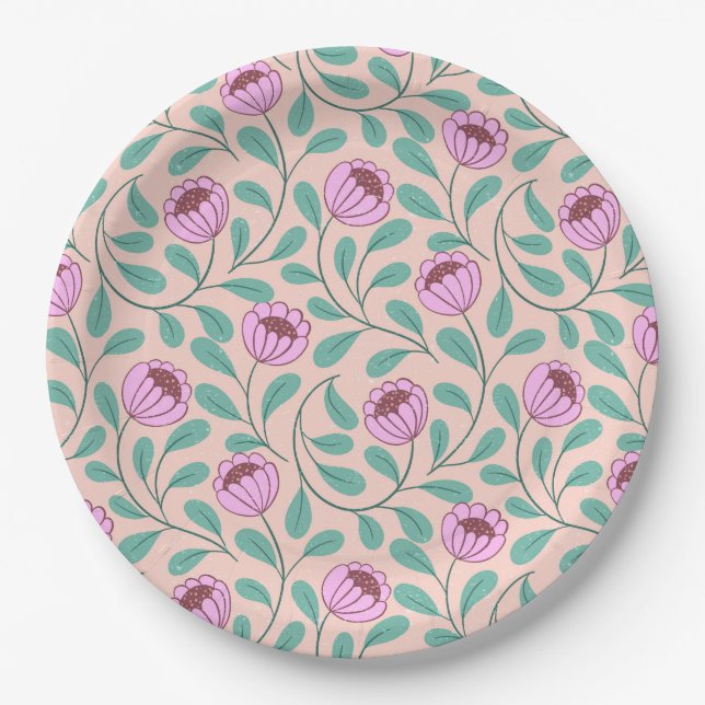 Pink bold florals paper plate (Front)