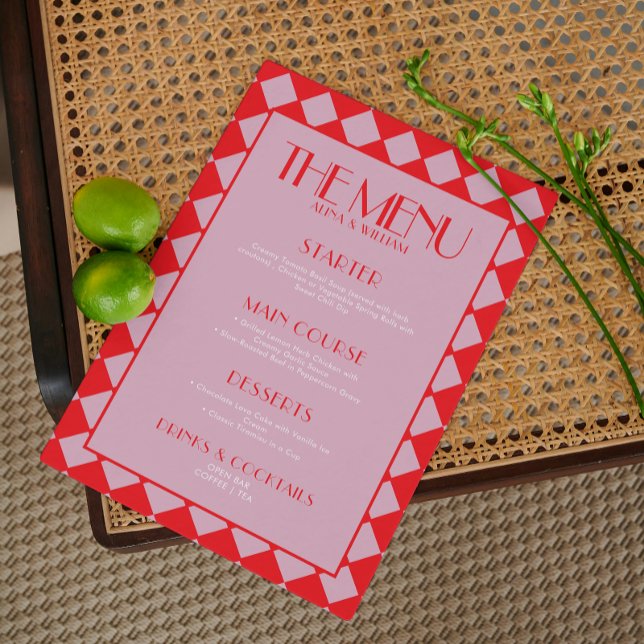 Pink Bold Funky Retro Chequerboard Wedding Menu  (Creator Uploaded)