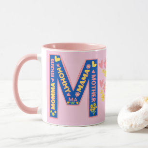 Pink Bold Letter M With ways to say Mum Mug