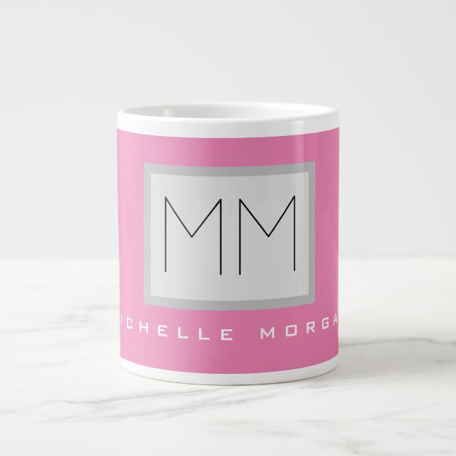 Pink Bold Monogram Modern Minimalist Name Initials Large Coffee Mug (Front)