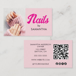  Pink Bold Script Social Icon QR Code Photo Nails Business Card