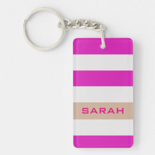Pink Bold Stripes with Custom Name Key Ring