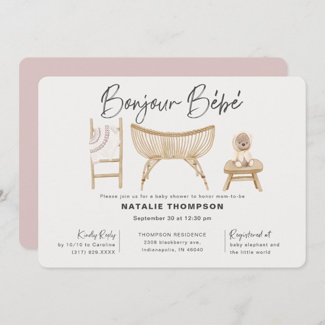 Pink Bonjour Bebe Baby Shower Invitation (Front/Back)