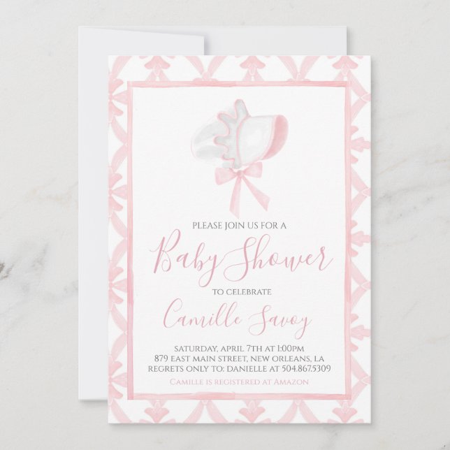 Pink Bonnet Girl Baby Shower Preppy Southern Invitation (Front)