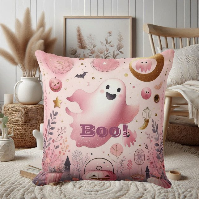 Pink Boo Friendly Ghost Halloween Jack o lantern Cushion (Pink Boo Friendly Ghost Halloween Jack o lantern Throw Pillow)