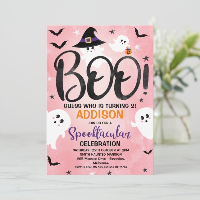 Pink Boo Ghost Halloween Party Birthday Invitation (Standing Front)