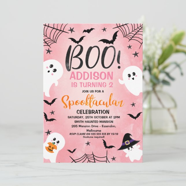 Pink Boo Girls Halloween Party Birthday Invitation (Standing Front)
