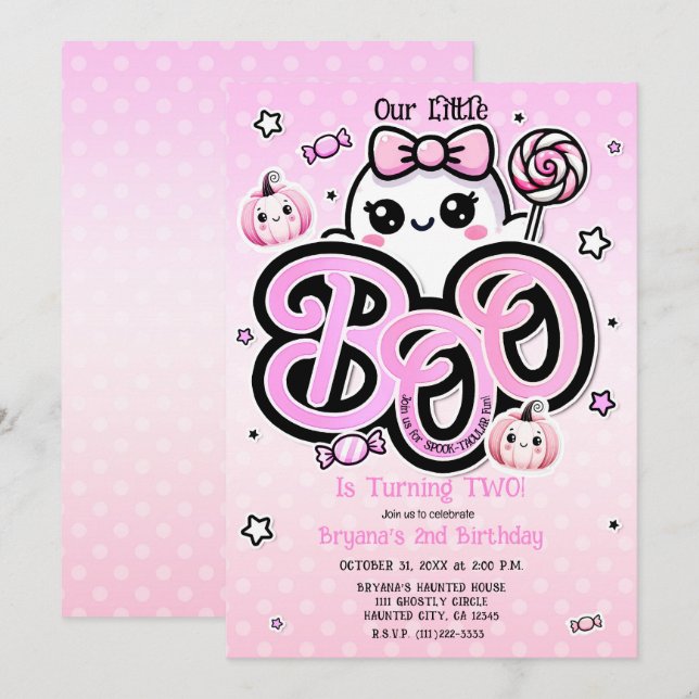 Pink BOO Little Ghost Halloween Birthday Party Invitation (Front/Back)