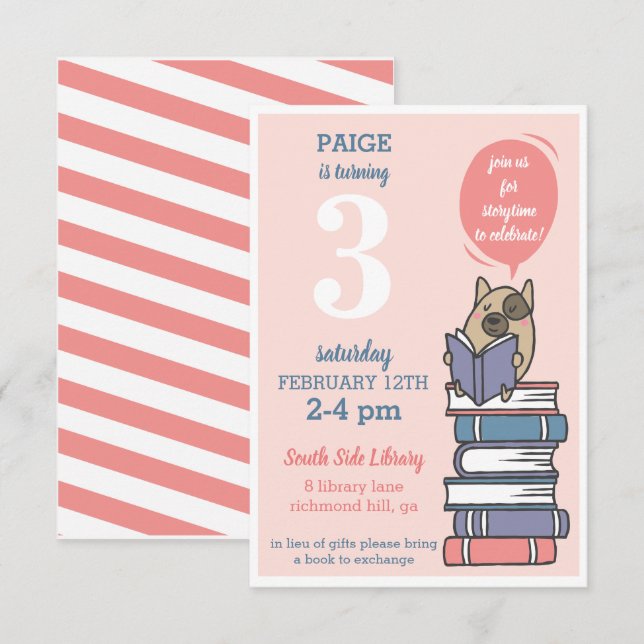 Pink Book Birthday Party Reading Invitation (Front/Back)