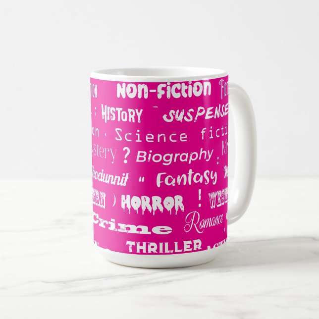 Pink Book Genres Pattern Bookworm Coffee Mug (Front Right)