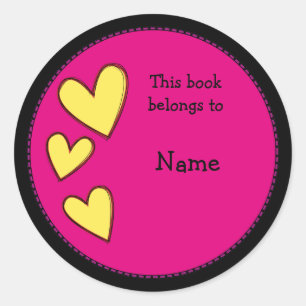 Pink bookplate with hearts classic round sticker