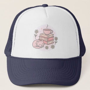 Pink Books Cat And Cup of Tea Trucker Hat