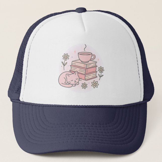 Pink Books Cat And Cup of Tea  Trucker Hat (Front)