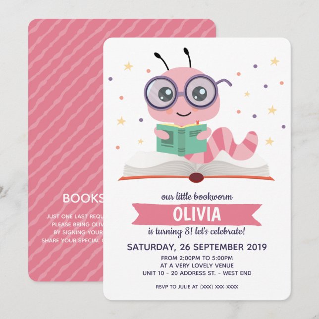 Pink Bookworm Book Birthday Party Invitation (Front/Back)