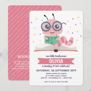 Pink Bookworm Book Birthday Party Invitation