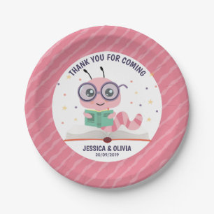 Pink Bookworm Theme Paper Plate