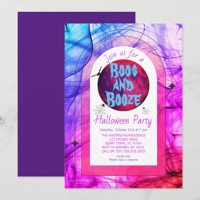 Pink Boos and Booze Spooky Adult Halloween Party Invitation (Front/Back)