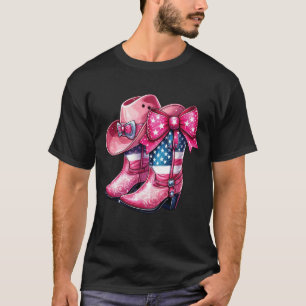 Pink Boots American Flag, Bow & Hat Cowgirl Wester T-Shirt