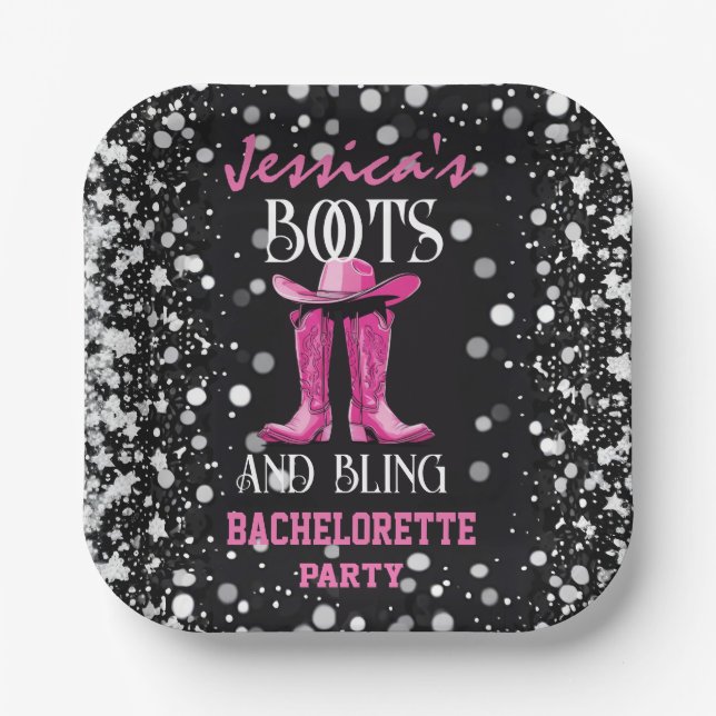 Pink Boots and Bling Bachelorette Party Paper Plate (Front)