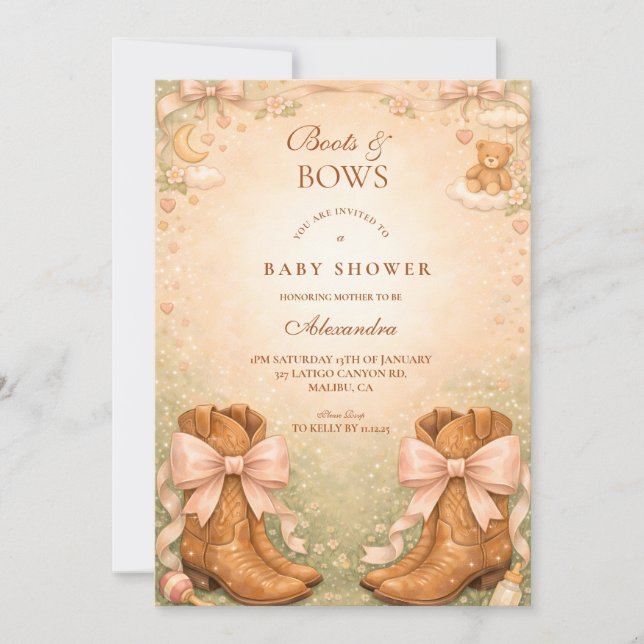 Pink Boots And Bows Girl Baby Shower Invitation (Front)