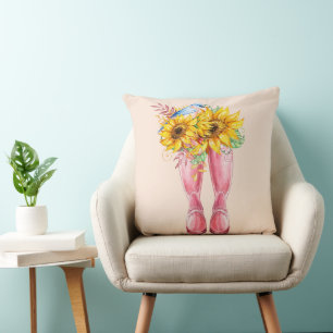 Pink Boots, Blue Bird and Sunflowers Cushion