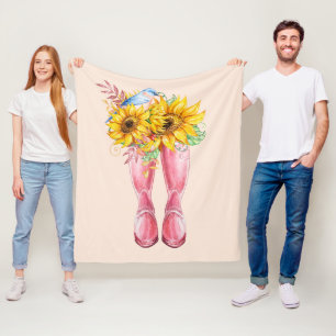Pink Boots, Blue Bird and Sunflowers Fleece Blanket