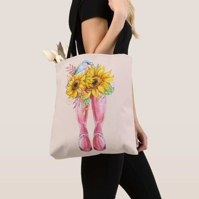 Pink Boots, Blue Bird and Sunflowers Tote Bag (Close Up)