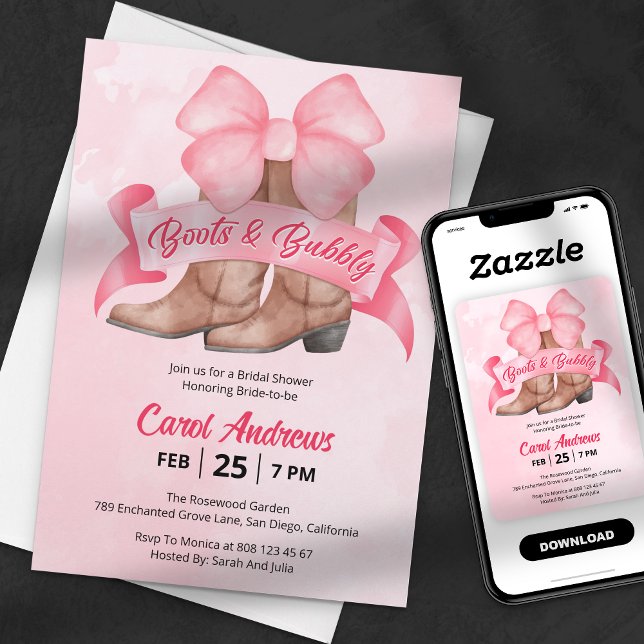 Pink Boots & Bubbly Bow Bridal Shower Invitation (Creator Uploaded)