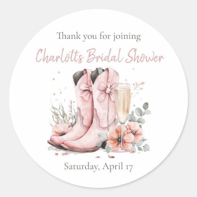 Pink Boots & Bubbly Champagne Glass Bridal Shower  Classic Round Sticker (Front)