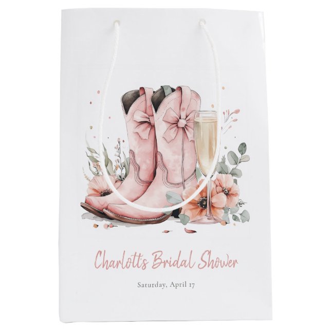 Pink Boots & Bubbly Champagne Glass Bridal Shower Medium Gift Bag (Front)