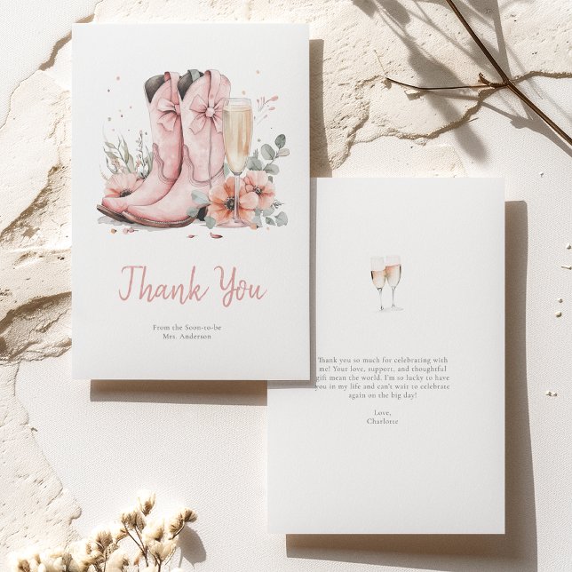 Pink Boots & Bubbly Champagne Glass Bridal Shower Thank You Card (Creator Uploaded)