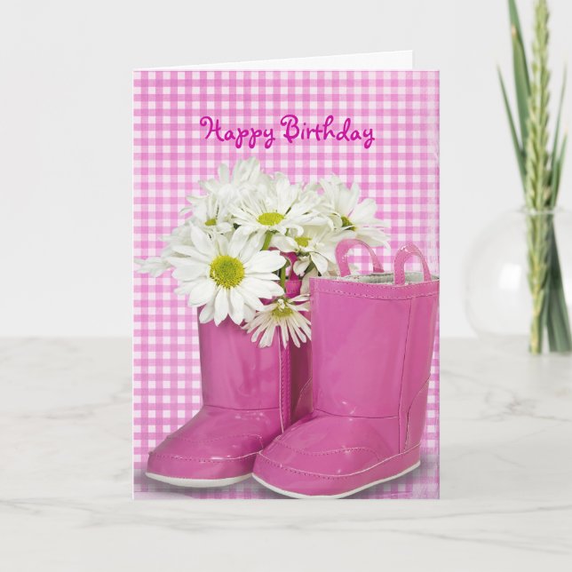 Pink Boots With Daisy Bouquet Card (Front)